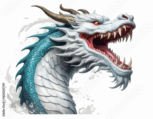  The dragon is depicted in a dynamic, serpentine pose, with its long, scaly body coiled and its four legs planted on the ground. Its scales are a rich, fiery orange-red, and its underbelly is a soft, 