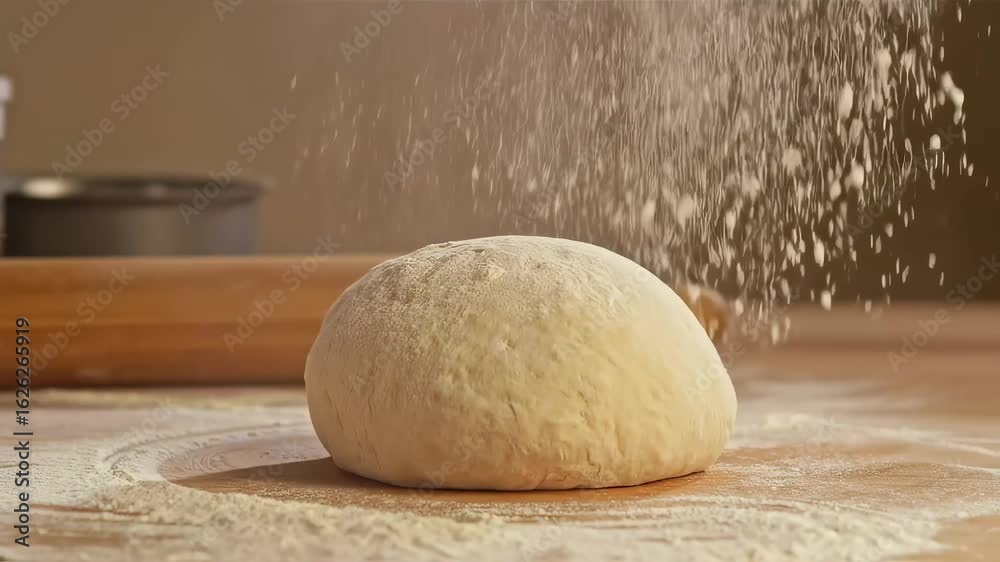 Close-up of flour being sprinkled onto a ball of dough on a wooden surface, with a rolling pin and container in the background. Close-up of flour being sprinkled onto a ball of dough on a wooden surface, with a rolling pin and container in the background.