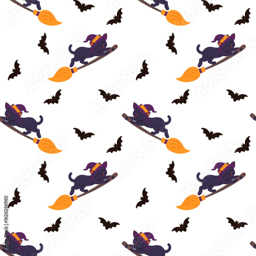 Seamless pattern of cute cartoon black cats in witch hats flying on broomsticks with bats, ideal for Halloween decor, kids' crafts, and spooky fun designs