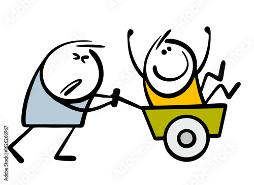 Stickman is driving a friend in a work car. Vector illustration of a man straining, pushing a vehicle. A funny character is having fun, enjoying life. It's an unfair situation.