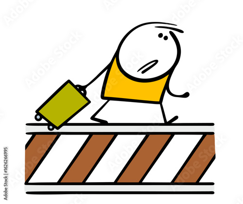 Cartoon poor tourist missed the train and is walking along the tracks to the station. Vector illustration of a sad stickman dragging a heavy suitcase, traveling.