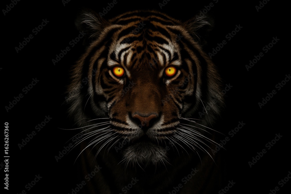Fototapeta premium Magnificent Tiger Staring Intensely with Glowing Eyes, Isolated on Black Background