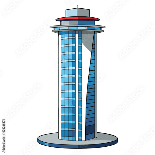 A sleek, cylindrical skyscraper with a rotating observation deck, a futuristic urban architectural design.
