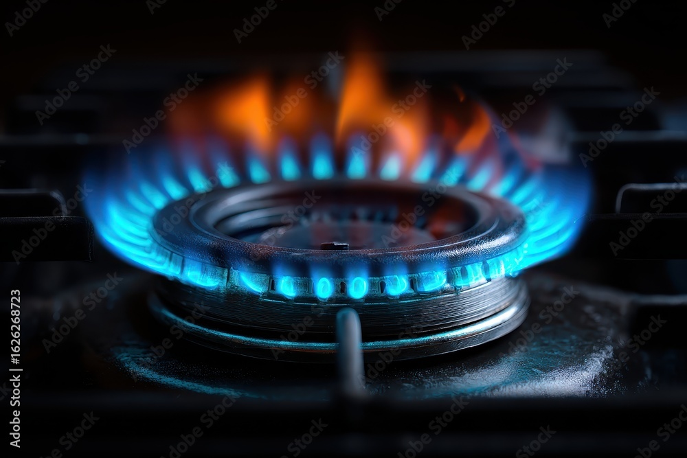 Blue gas flame burning on kitchen stovetop Blue gas flame burning on kitchen stovetop