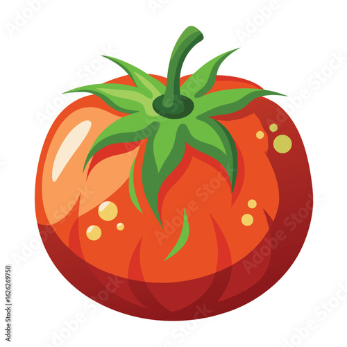 A small, ripe heirloom tomato with mottled color and a green stem, a delicious and unique vegetable.