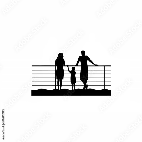Family at cruise ship railing watching waves
