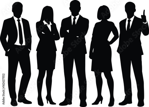 Corporate Team Silhouette in Business Attire on White Background.