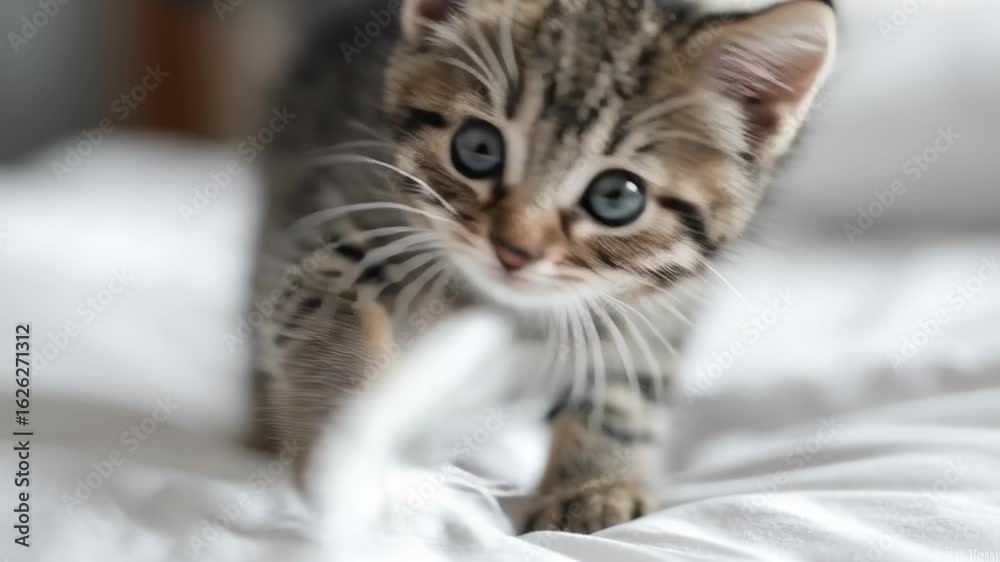 Playful Kitten Engaging with Feather Toy on Soft White Bedding in Cozy Indoor Setting Playful Kitten Engaging with Feather Toy on Soft White Bedding in Cozy Indoor Setting