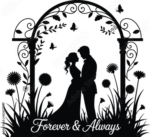 Romantic couple silhouette under floral arch, forever and always quote, black and white vector art, butterflies, garden love scene