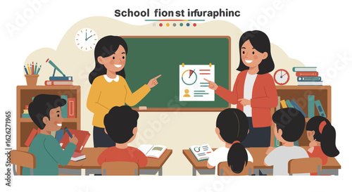 Collaborative teaching in a modern elementary school classroom, with two female educators presenting a lesson to a diverse group of engaged young students.