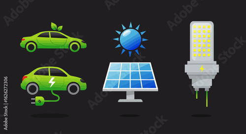 Eco-friendly technology illustration with a set of icons for electric vehicles, solar power, and energy-saving LED lighting.