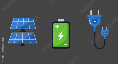 Sustainable energy concept with solar panels, a green battery for storage, and a blue electric plug for power, illustrated in a modern flat style.
