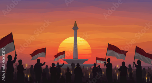 Sunset over Monas Monument – Indonesia National Day Illustration