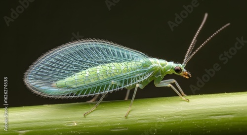 Detailed macro shot of a vibrant green lacewing insect, highlighting its delicate and translucent lace-like wings on a plant stem.
