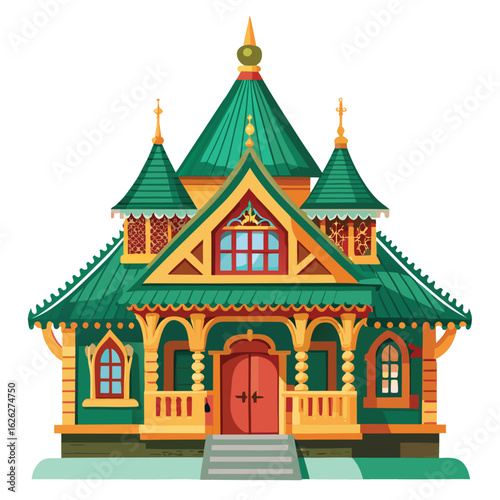 A traditional Russian dacha with decorative woodwork and a front porch, a rustic country house.
