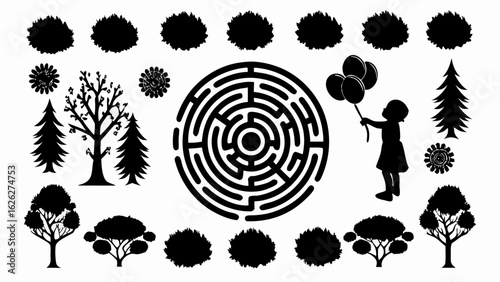 Silhouette of a girl with balloons next to a maze surrounded by trees and bushes in black and white
