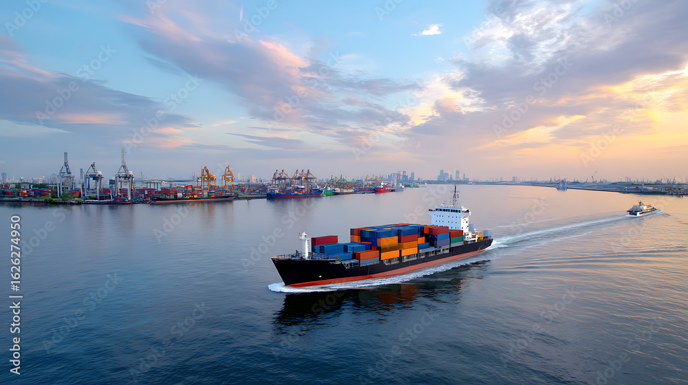 Obraz premium Container Cargo freight ship with working crane bridge at dusk for Logistic Import Export background