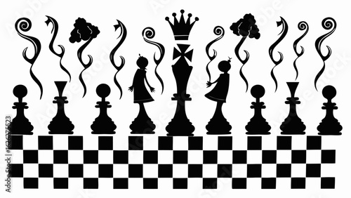 Black and white chess pieces and figures on a checkered board with decorative swirls and shapes design silhouette