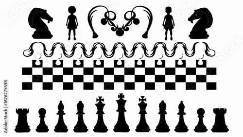 Black and white chess themed design featuring chess pieces, figures, and a checkered pattern design silhouette
