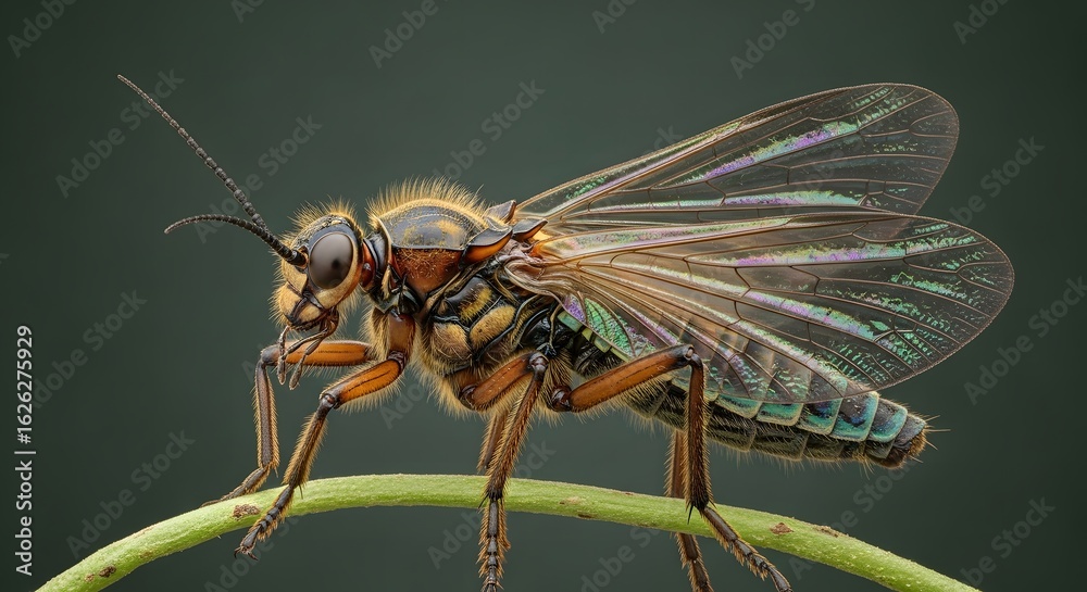 Fototapeta premium Incredible macro portrait of a winged insect with a golden body and iridescent abdomen, resting peacefully on a green plant stem.