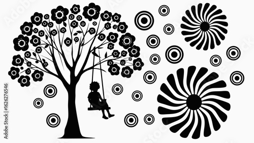 Silhouette of a child on a swing hanging from a tree with flowers and abstract circles in black and white