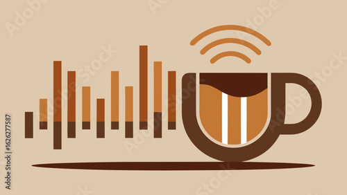 Stylized coffee cup with sound bars and wifi symbol symbolizing podcast, communication and coffee culture
