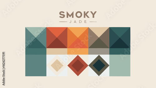 Geometric abstract design with colorful diamond and triangle shapes labeled smoky jade