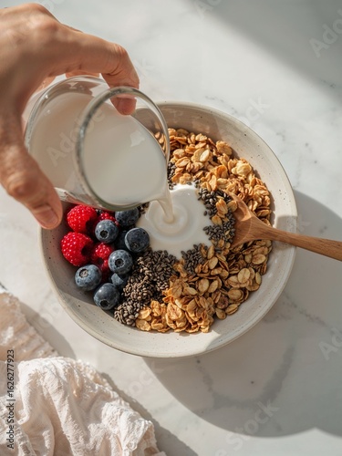 Wallpaper Mural Pouring milk into a bowl of granola with yogurt berries and chia seeds on a white surface Torontodigital.ca