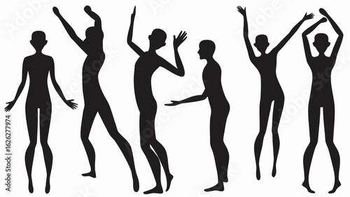 Silhouette figures showing various poses like dancing and waving with arms raised and legs apart