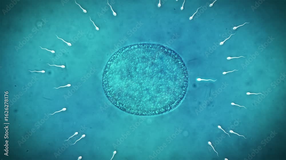 Sperm cells actively swim towards a central ovum, representing the vital start of conception and new life.