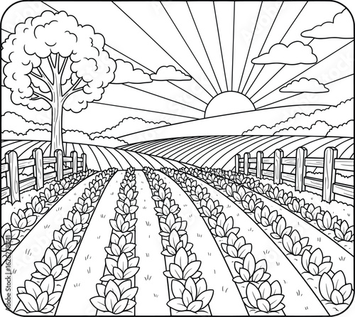 Sunrise Over Farmland with Tree and Crops – Black and White Line Art for Coloring Pages