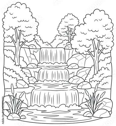 Black and white waterfall scene illustration with cascading water, rocks, trees, and plants designed for relaxing coloring book pages