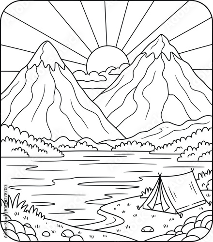 Black and white mountain landscape illustration with sunrise, river, and camping tent perfect for outdoor nature and adventure coloring book pages