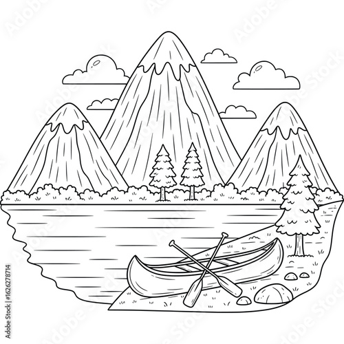 Black and white mountain lake illustration with canoes, pine trees, and clouds perfect for outdoor adventure and camping coloring book pages