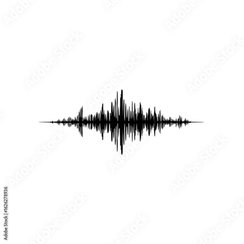 A bold monochrome sound wave graphic representing an audio signal or voice recording, an abstract waveform icon for music production and sound visualization.
