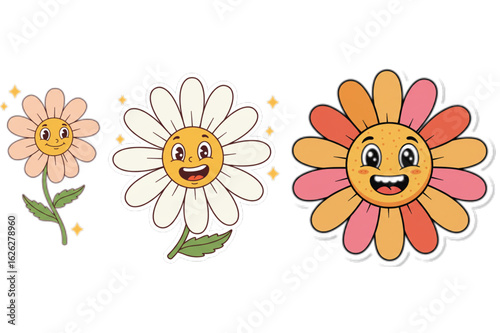 Whimsical happy daisy characters with retro vibes and sparkling accents bring cheerful energy to any design.