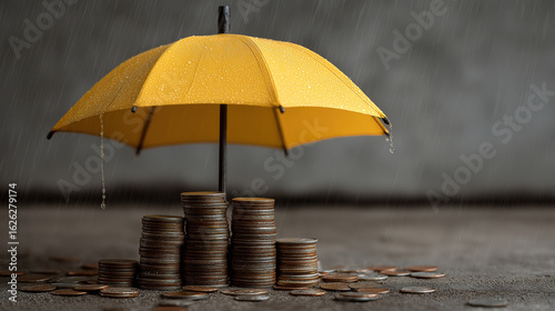Wallpaper Mural Raindrops fall around coins under yellow umbrella showing safety and financial well being themes Torontodigital.ca