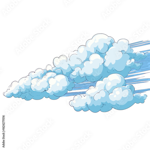 A dynamic and stylized illustration of fluffy blue clouds being blown swiftly across the sky, a perfect graphic element for depicting a windy day or fast motion.

