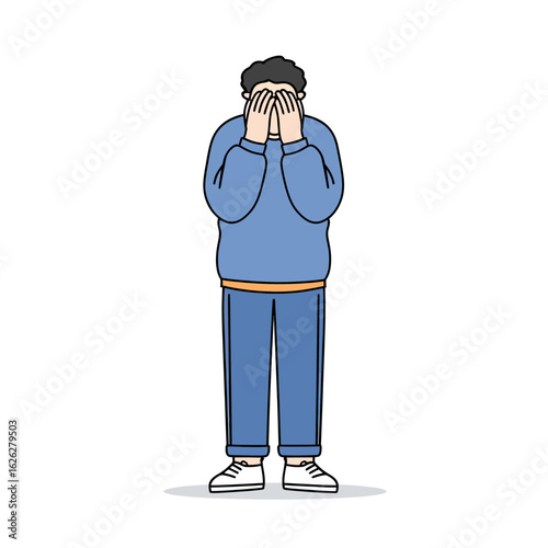 A full-body illustration of a man standing still and hiding his face in his hands, expressing deep shame, sadness, fear, or being completely overwhelmed.
