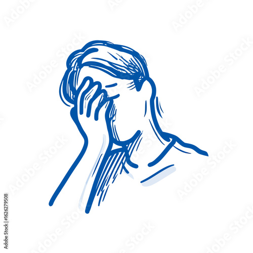 An expressive blue sketch of a person in despair, conveying deep frustration, regret, or a severe headache through a powerful and dramatic facepalm gesture.
