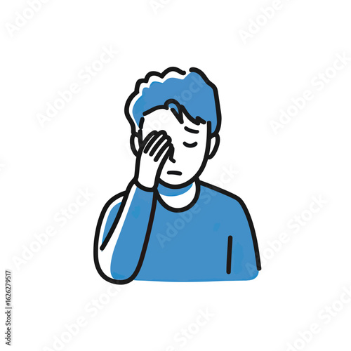A minimalist illustration of a man with his hand over his eye, expressing feelings of stress, frustration, headache, or disappointment in a modern graphic style.

