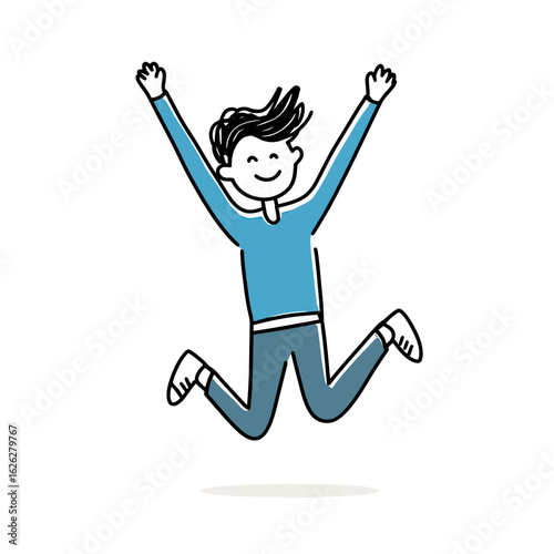 A cheerful line art illustration of a young man jumping for joy with arms raised, a perfect simple doodle to represent success, freedom, and celebration.
