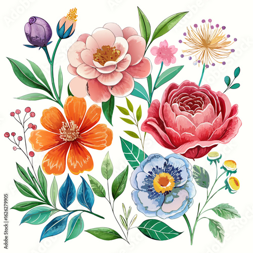 Vector art of a beautiful assortment of colorful blooming flowers and foliage, isolated on a white background, ideal for creating elegant floral arrangements and artistic compositions