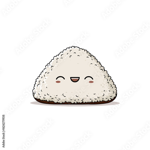 A delightful kawaii onigiri character, this Japanese rice ball illustration features a happy, smiling face, perfect for foodie blogs or Asian restaurant branding.

