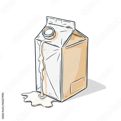 A colored sketch illustration of a beige carton leaking its contents from a tear, symbolizing a defective product, food waste, or an unfortunate spill.
