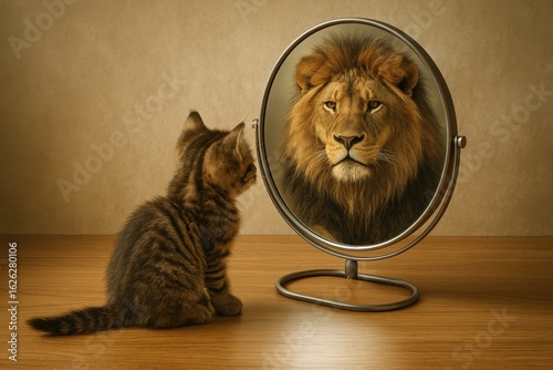 The soul of a lion A small kitten gazes into a mirror, revealing its true, courageous spirit as a majestic lion