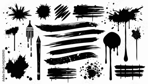 Vector art of set of black ink splashes, paint brush strokes, and splatters isolated on white background