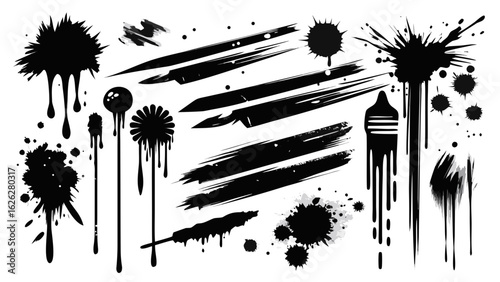 Vector art of assortment of black ink splashes, paint brush strokes, and splatters isolated on white background