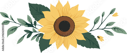 Beautiful watercolor sunflower arrangement with green leaves and delicate branches