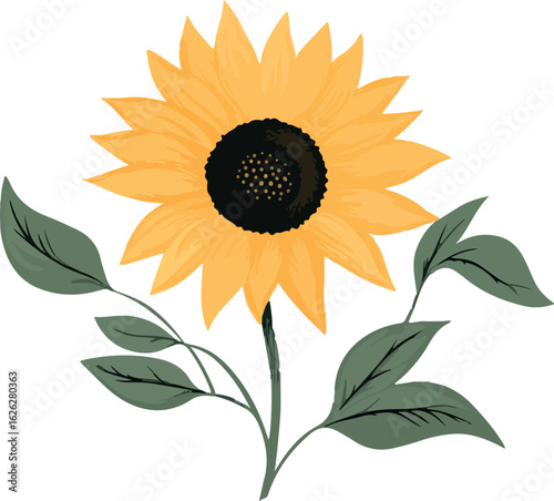 Vibrant watercolor illustration of a single bright yellow sunflower with green leaves on a white background